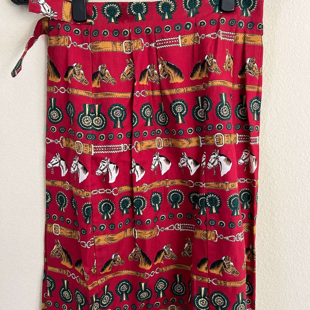 Vintage British Khaki Equestrian Print Midi Skirt